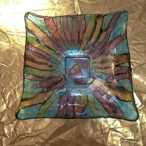 Art Glass Bowl, Italian 8" x 8" x 2.5" Has Sparkle, Primary Colors, Abstract
